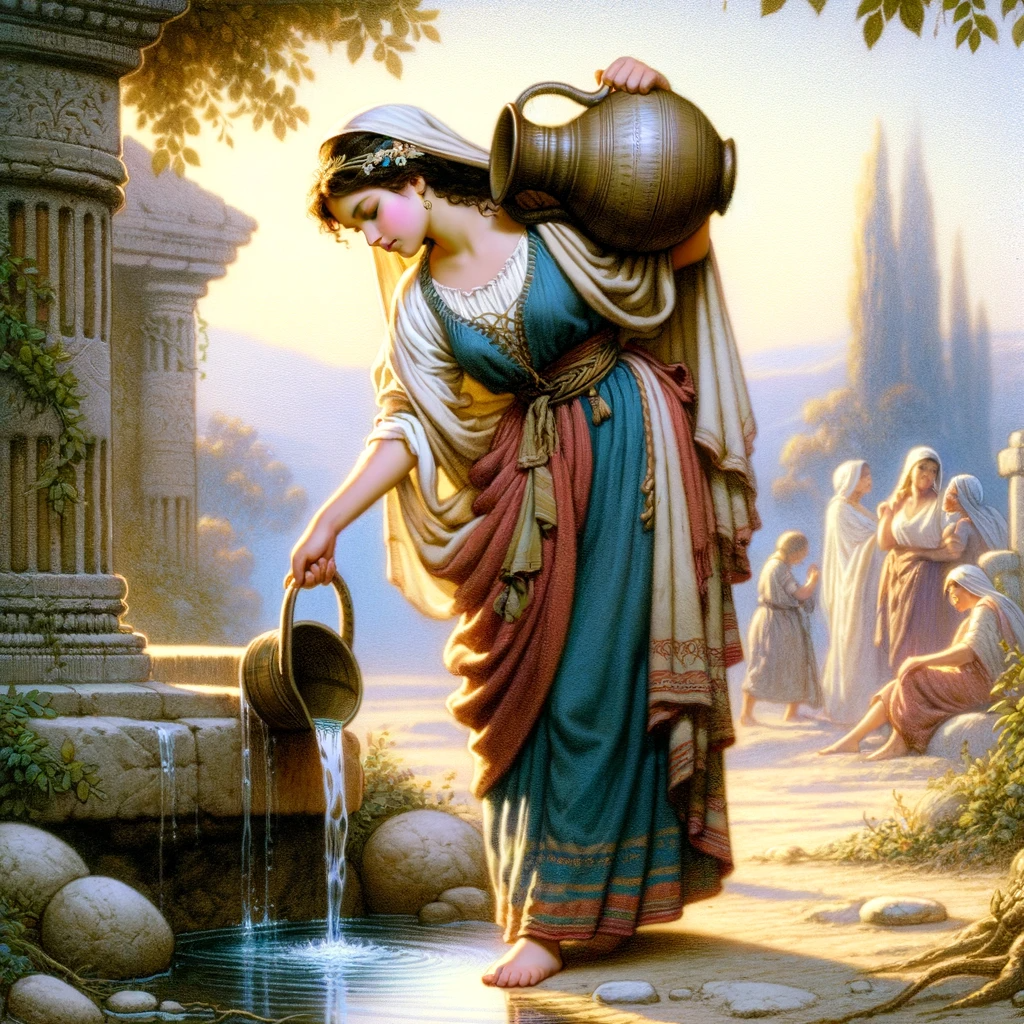 Ark.au Illustrated Bible - Genesis 24:15 - It happened, before he had done speaking, that behold, Rebekah came out, who was born to Bethuel the son of Milcah, the wife of Nahor, Abraham's brother, with her pitcher on her shoulder.