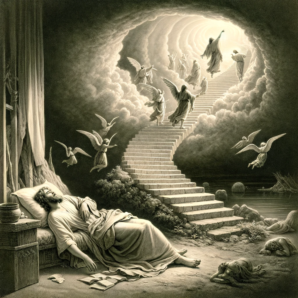 Ark.au Illustrated Bible - Genesis 28:12 - And he dreamed, and behold, a ladder was set up on the earth, and the top of it reached to the heavens. And behold, angels of God ascended and descended upon it.