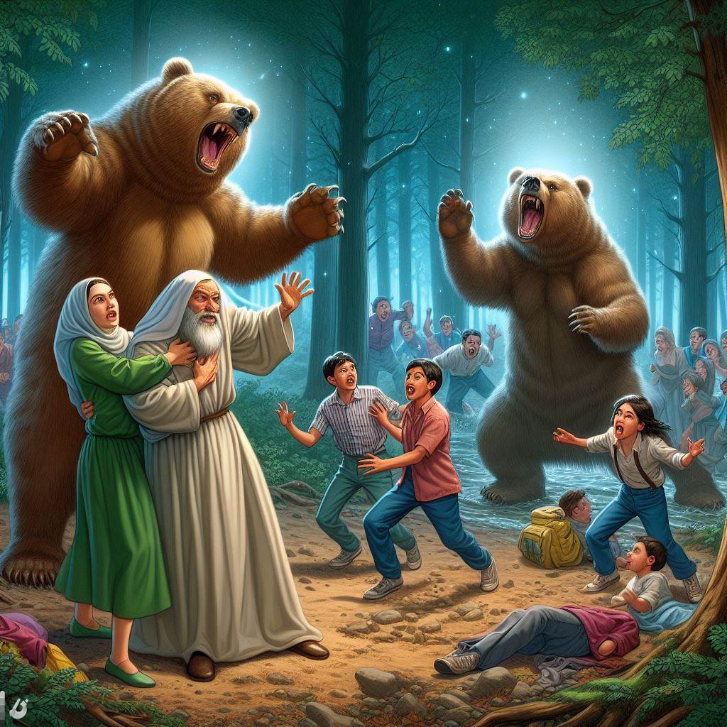 Ark.au Illustrated Bible - 2 Kings 2:24 - He looked behind him and saw them, and cursed them in the name of Yahweh. There came forth two she-bears out of the wood, and mauled forty-two lads of them.