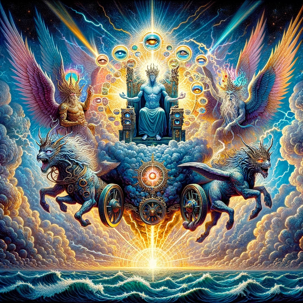 Ark.au Illustrated Bible - Ezekiel 1:27 - I saw as it were glowing metal, as the appearance of fire within it round about, from the appearance of his loins and upward; and from the appearance of his loins and downward I saw as it were the appearance of fire, and there was brightness round about him.