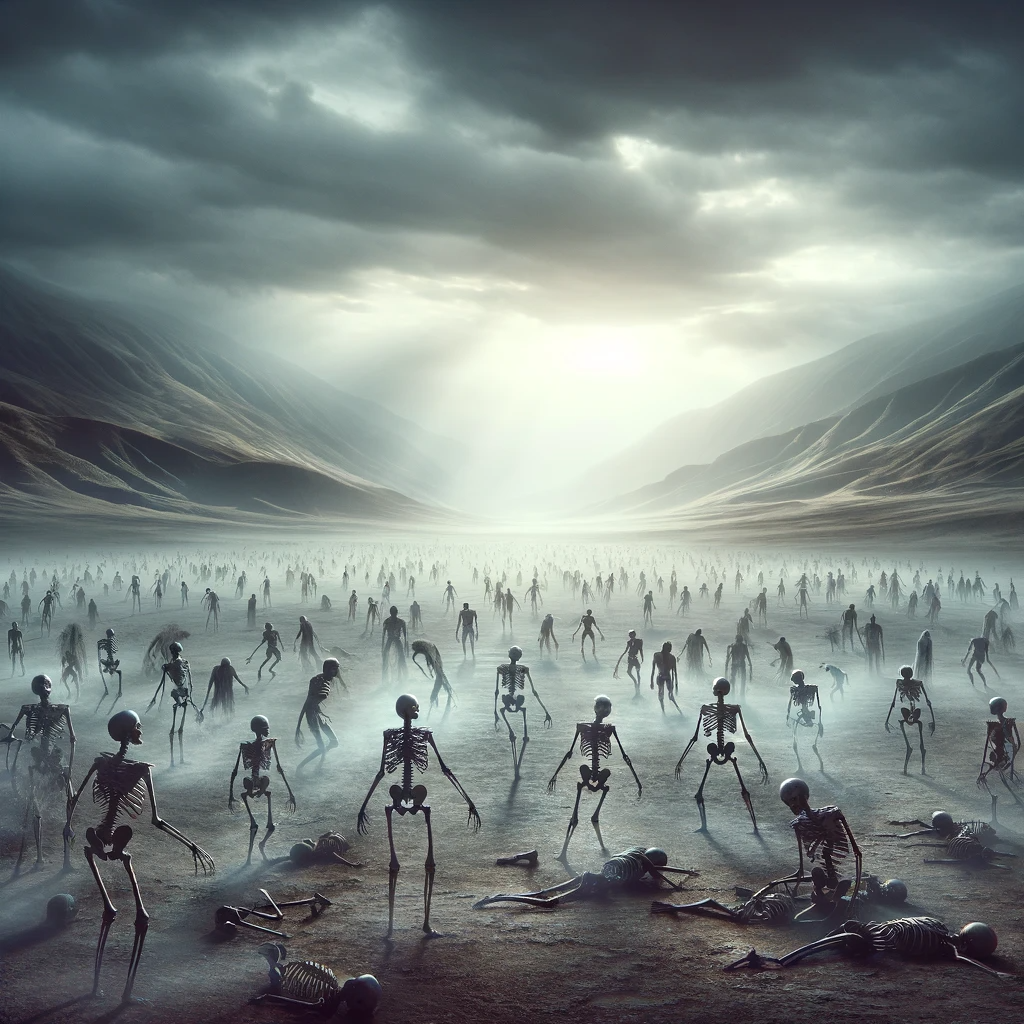 Ark.au Illustrated Bible - Ezekiel 37:7 - So I prophesied as I was commanded: and as I prophesied, there was a noise, and behold a shaking, and the bones came together, bone to his bone.