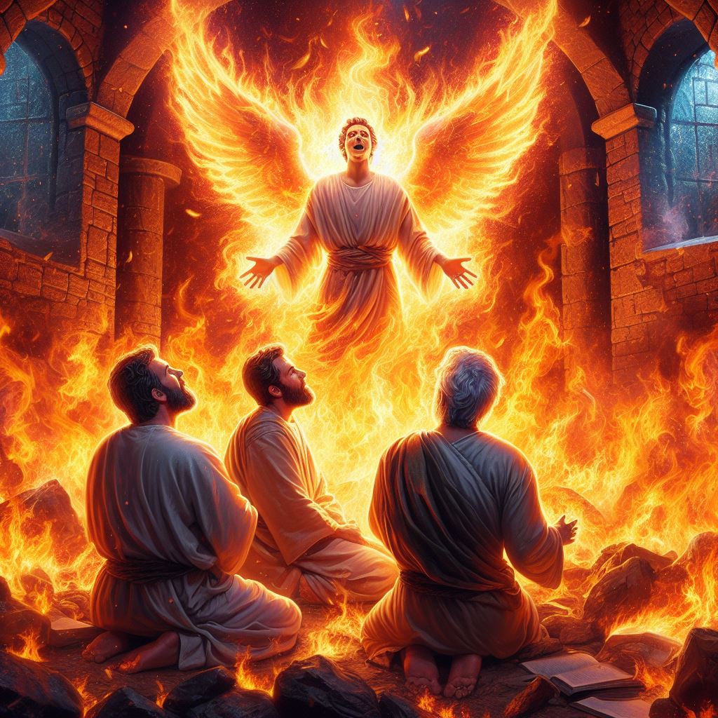 Ark.au Illustrated Bible - Daniel 3:23 - And these three men, Shadrach, Meshach, and Abed-nego, with the cords about them, went down into the burning and flaming fire.