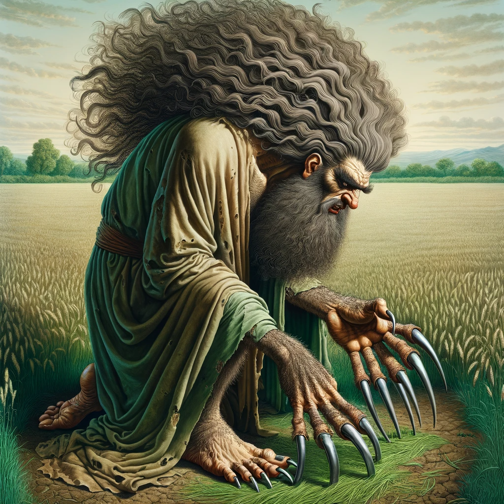 Ark.au Illustrated Bible - Daniel 4:33 - The same hour was the thing fulfilled upon Nebuchadnezzar: and he was driven from men, and ate grass as oxen, and his body was wet with the dew of heaven, till his hairs were grown like eagles' feathers, and his nails like birds' claws.