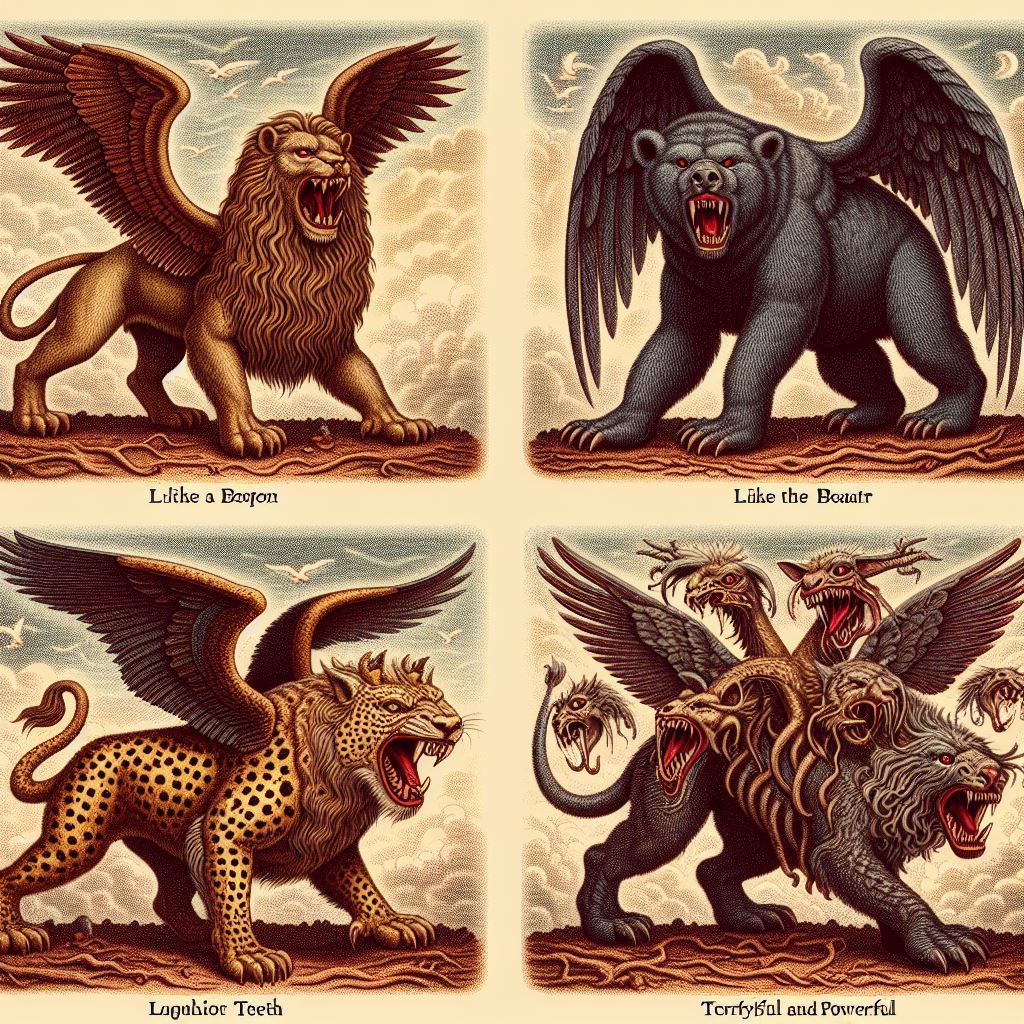 Ark.au Illustrated Bible - Daniel 7:7 - After this I saw in the night visions, and behold a fourth beast, dreadful and terrible, and strong exceedingly; and it had great iron teeth: it devoured and brake in pieces, and stamped the residue with the feet of it: and it was diverse from all the beasts that were before it; and it had ten horns.