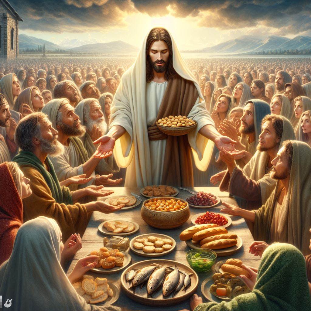Ark.au Illustrated Bible - Matthew 14:19 - He commanded the multitudes to sit down on the grass; and he took the five loaves and the two fish, and looking up to heaven, he blessed, broke and gave the loaves to the disciples, and the disciples gave to the multitudes.
