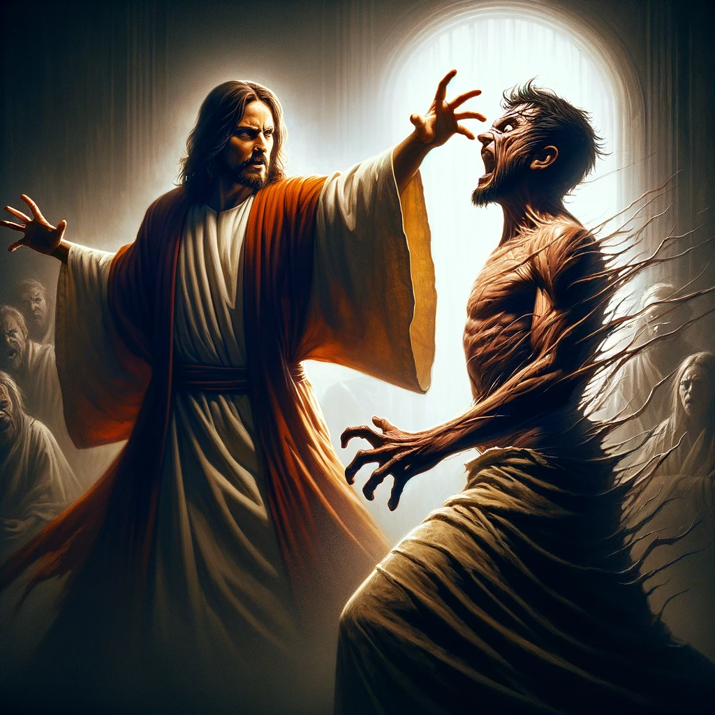 Ark.au Illustrated Bible - Luke 8:29 - For Jesus was commanding the unclean spirit to come out of the man. For the unclean spirit had often seized the man. He was kept under guard, and bound with chains and fetters. Breaking the bands apart, he was driven by the demon into the desert.