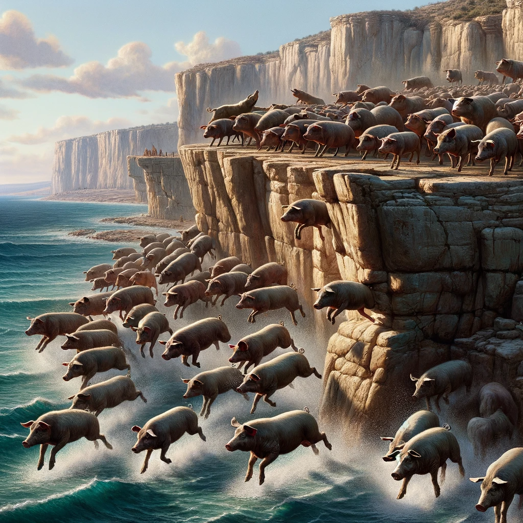 Ark.au Illustrated Bible - Luke 8:33 - The demons came out from the man, and entered into the pigs, and the herd rushed down the steep bank into the lake, and were drowned.