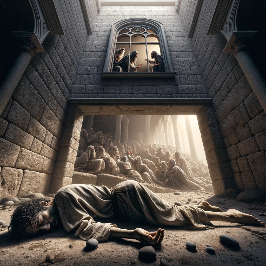 Ark.au Illustrated Bible - Acts 20:9 - And there sat in the window a certain young man named Eutychus, borne down with deep sleep; and as Paul discoursed yet longer, being borne down by his sleep he fell down from the third story, and was taken up dead.