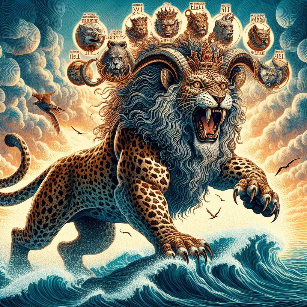 Ark.au Illustrated Bible - Revelation 13:1 - Then I stood on the sand of the sea. I saw a beast coming up out of the sea, having ten horns and seven heads. On his horns were ten crowns, and on his heads, blasphemous names.