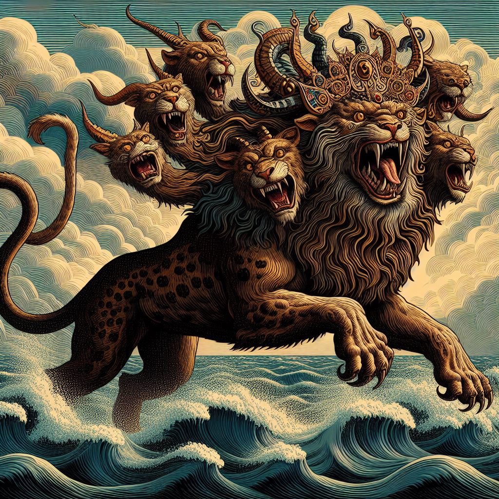 Ark.au Illustrated Bible - Revelation 13:2 - The beast which I saw was like a leopard, and his feet were like those of a bear, and his mouth like the mouth of a lion. The dragon gave him his power, his throne, and great authority.